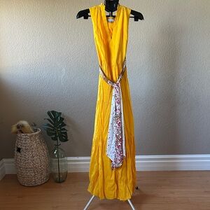 ANTONIO MELANI Yellow V-Neck Maxi Dress with floral scarf belt.